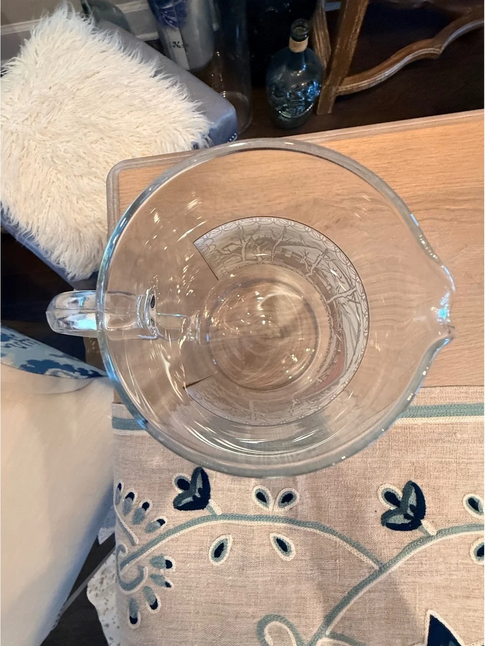 Vintage Glass Pitcher with Scenic 'Friendly Village' Design